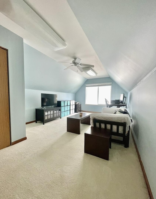 749 S Vintage Ln, Round Lake, IL 60073 - bedroom featuring vaulted ceiling, light colored carpet, baseboards, and ceiling fan