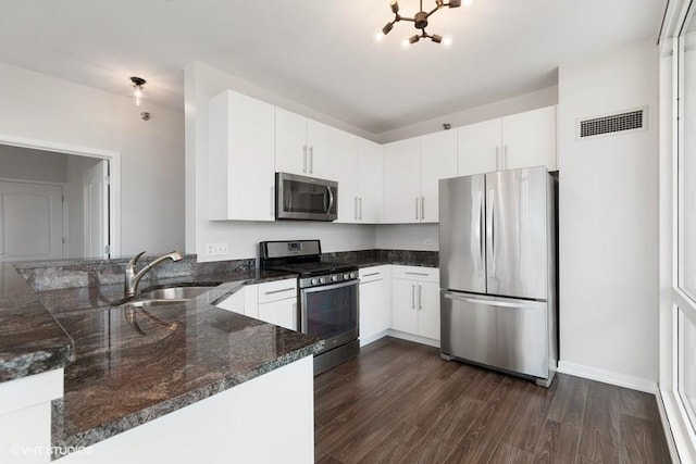 757 N Orleans St Unit 1509, Chicago, IL 60654 - kitchen with stainless steel appliances, a sink, a peninsula, dark wood-type flooring, and a chandelier