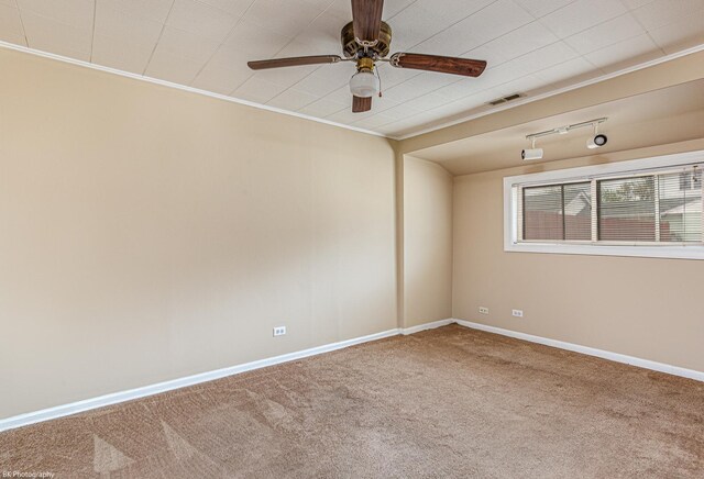 4243 W 90th Pl, Hometown, IL 60456 - unfurnished room featuring carpet flooring, a ceiling fan, baseboards, ornamental molding, and track lighting