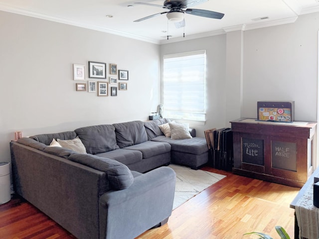 4950 N Western Ave Unit Ph2, Chicago, IL 60625 - living room featuring a ceiling fan, light wood-style flooring, and ornamental molding