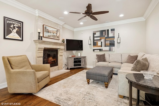 26874 N Countryside Lake Dr, Mundelein, IL 60060 - living room featuring wood finished floors, ornamental molding, a premium fireplace, recessed lighting, and baseboards