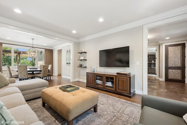26874 N Countryside Lake Dr, Mundelein, IL 60060 - living area featuring baseboards, crown molding, a chandelier, recessed lighting, and wood finished floors