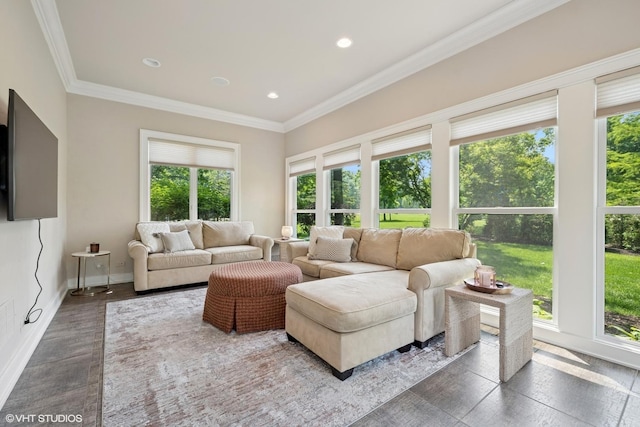 26874 N Countryside Lake Dr, Mundelein, IL 60060 - living room with wood finished floors, ornamental molding, baseboards, and recessed lighting