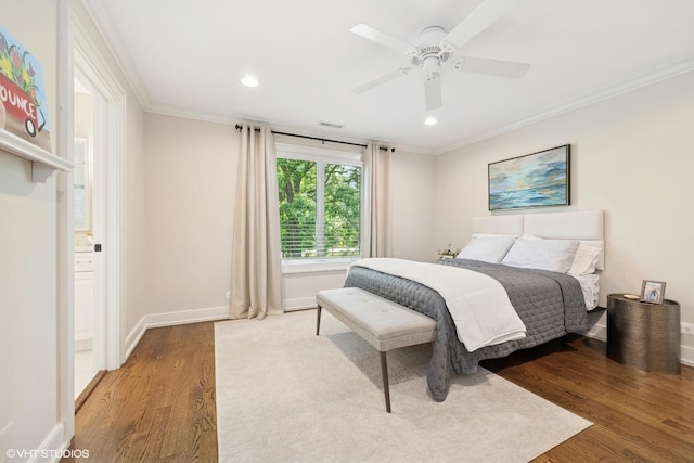 26874 N Countryside Lake Dr, Mundelein, IL 60060 - bedroom featuring crown molding, wood finished floors, recessed lighting, baseboards, and ceiling fan