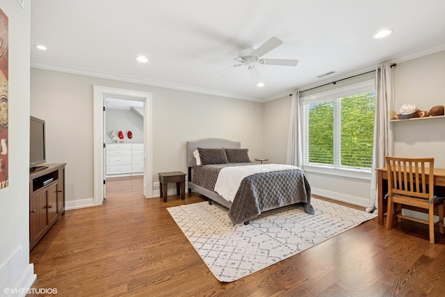 26874 N Countryside Lake Dr, Mundelein, IL 60060 - bedroom featuring light wood finished floors, crown molding, recessed lighting, baseboards, and ceiling fan