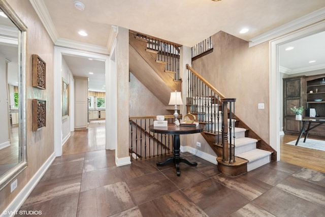 26874 N Countryside Lake Dr, Mundelein, IL 60060 - staircase with ornamental molding, baseboards, recessed lighting, and wood finished floors