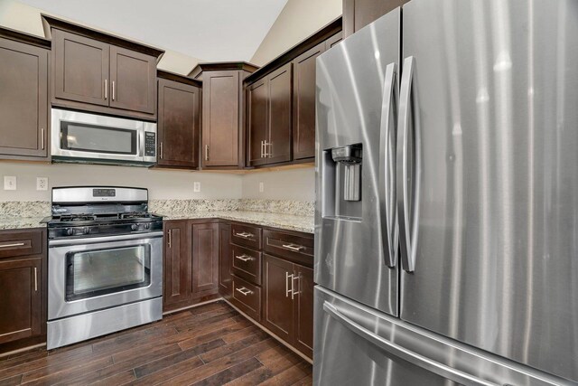 1200 Farmstone Dr, Diamond, IL 60416 - kitchen featuring stainless steel appliances, dark wood-style floors, dark brown cabinets, and light stone countertops