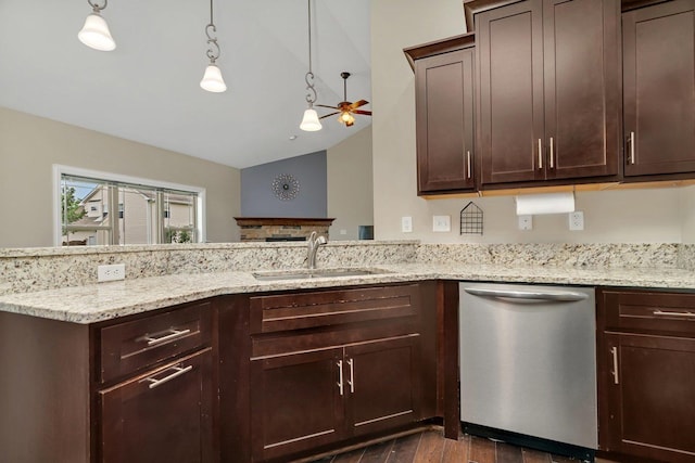 1200 Farmstone Dr, Diamond, IL 60416 - kitchen featuring dishwasher, a sink, vaulted ceiling, dark wood finished floors, and dark brown cabinets
