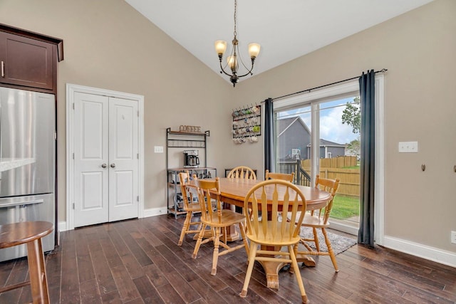 1200 Farmstone Dr, Diamond, IL 60416 - dining room featuring a chandelier, baseboards, dark wood finished floors, and high vaulted ceiling