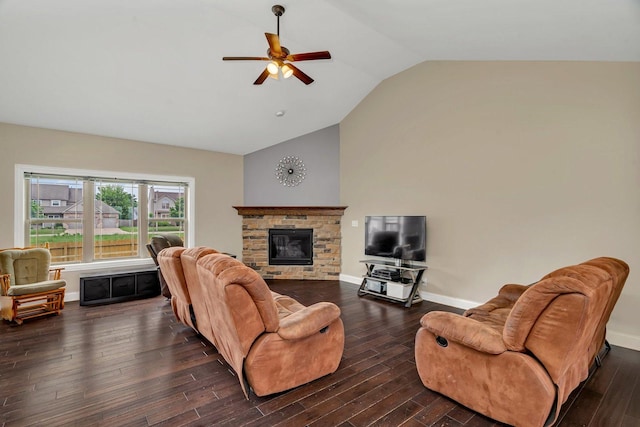 1200 Farmstone Dr, Diamond, IL 60416 - living area with vaulted ceiling, ceiling fan, dark wood-style flooring, a fireplace, and baseboards