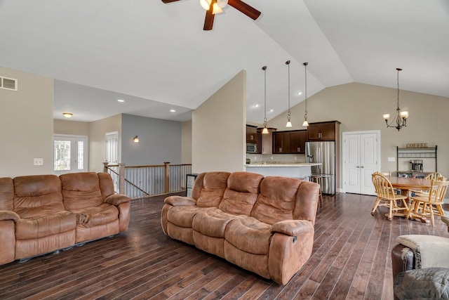 1200 Farmstone Dr, Diamond, IL 60416 - living area with a chandelier, dark wood-style flooring, ceiling fan, and high vaulted ceiling