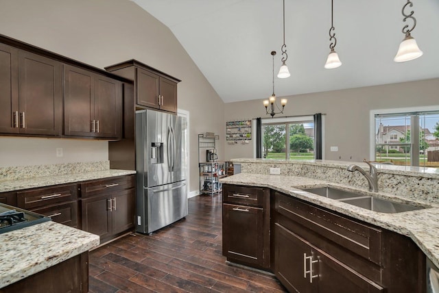 1200 Farmstone Dr, Diamond, IL 60416 - kitchen with stainless steel fridge with ice dispenser, a sink, lofted ceiling, dark brown cabinets, and dark wood finished floors