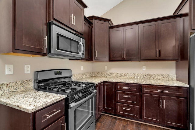 1200 Farmstone Dr, Diamond, IL 60416 - kitchen with stainless steel appliances, dark wood-type flooring, dark brown cabinetry, and light stone countertops