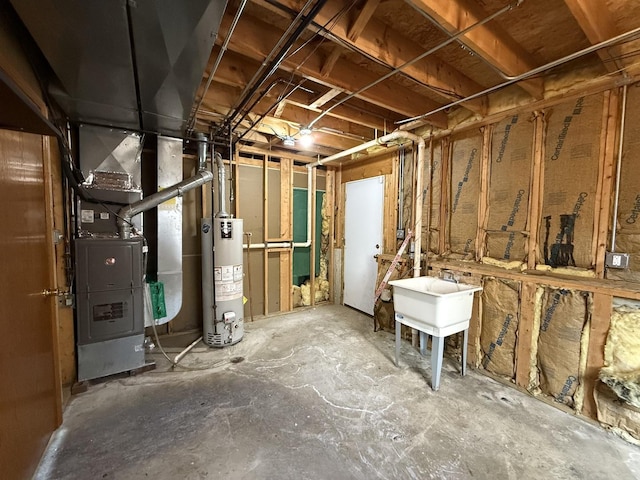 424 E Clark St, Glenwood, IL 60425 - unfinished basement with water heater, heating unit, and a sink