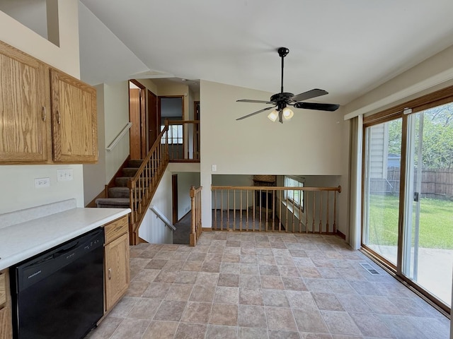 424 E Clark St, Glenwood, IL 60425 - kitchen with black dishwasher, stone finish flooring, vaulted ceiling, light countertops, and a ceiling fan
