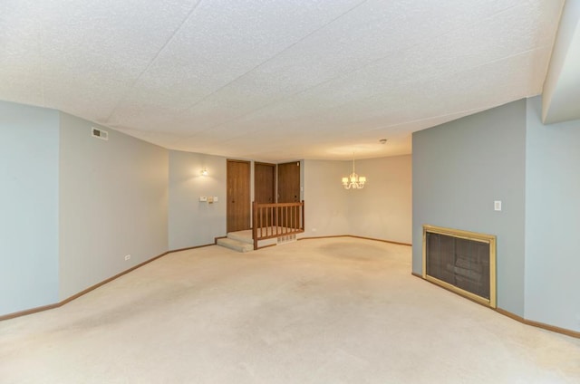 464 S President St Unit 101, Carol Stream, IL 60188 - unfurnished living room with a fireplace, carpet floors, and a chandelier