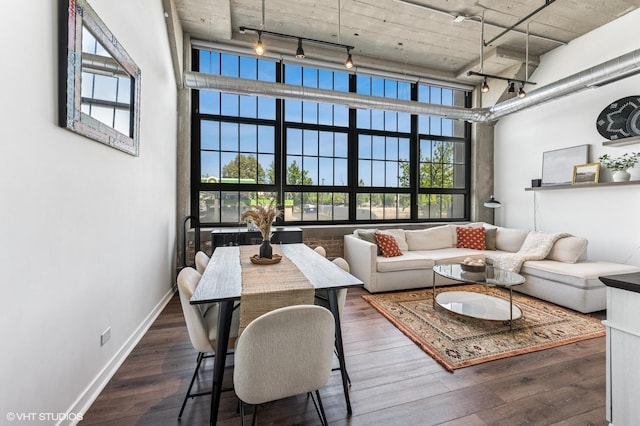 3963 W Belmont Ave Unit 140, Chicago, IL 60618 - living room featuring track lighting, a high ceiling, wood finished floors, and baseboards