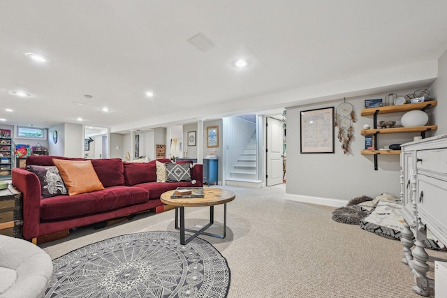 324 W Crystal Lake Ave, Crystal Lake, IL 60014 - living area featuring stairs, light colored carpet, recessed lighting, and baseboards