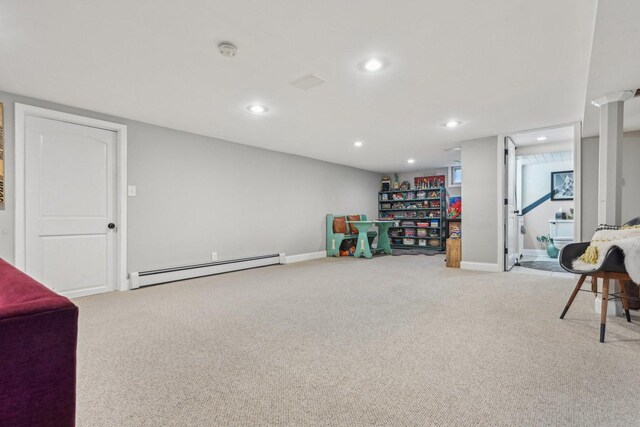 324 W Crystal Lake Ave, Crystal Lake, IL 60014 - rec room featuring a baseboard heating unit, carpet flooring, recessed lighting, and baseboards