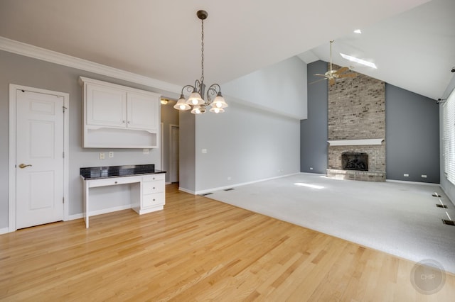 3744 Highknob Cir, Naperville, IL 60564 - unfurnished living room with a ceiling fan, a fireplace, a chandelier, light wood-type flooring, and baseboards