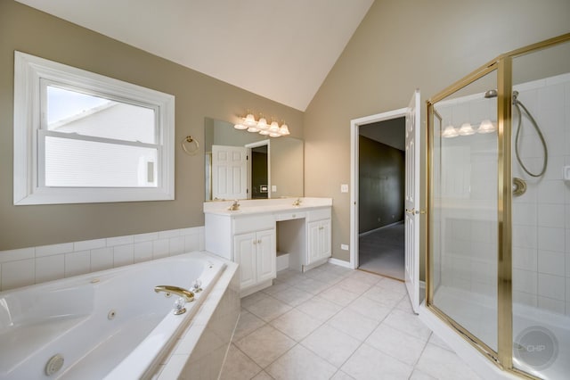 3744 Highknob Cir, Naperville, IL 60564 - bathroom with double vanity, vaulted ceiling, a tub with jets, a shower stall, and tile patterned flooring
