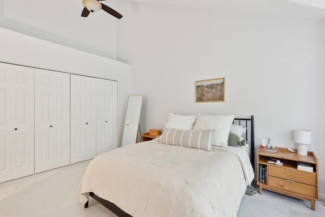 1248 W Fletcher St Unit C, Chicago, IL 60657 - bedroom featuring light carpet, a closet, a towering ceiling, and a ceiling fan