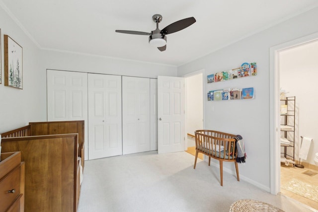 1248 W Fletcher St Unit C, Chicago, IL 60657 - bedroom with a closet, ornamental molding, a ceiling fan, ensuite bathroom, and baseboards