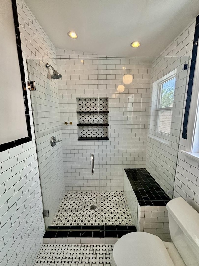 4118 N Kedzie Ave, Chicago, IL 60618 - full bathroom featuring toilet, a shower stall, tile walls, and recessed lighting