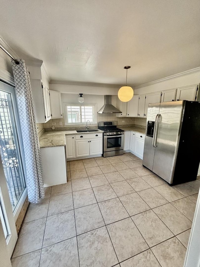 4118 N Kedzie Ave, Chicago, IL 60618 - kitchen featuring appliances with stainless steel finishes, wall chimney exhaust hood, a sink, decorative backsplash, and crown molding