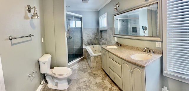 4118 N Kedzie Ave, Chicago, IL 60618 - bathroom featuring crown molding, a whirlpool tub, a stall shower, marble finish flooring, and double vanity