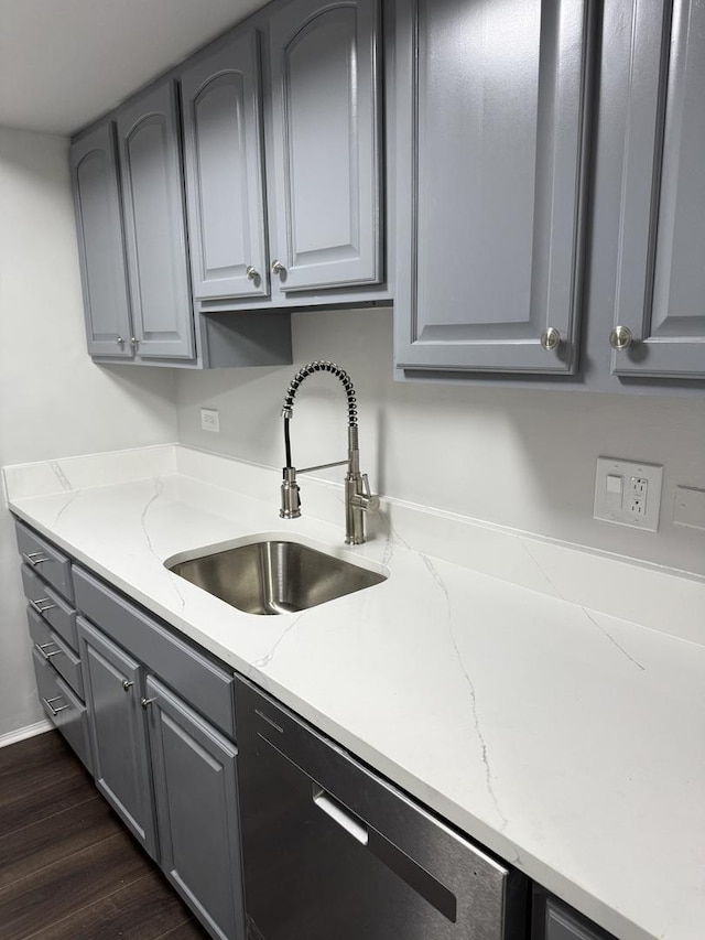 9B Kingery Quarter Unit 108, Willowbrook, IL 60527 - kitchen with gray cabinetry, dishwasher, and light stone countertops