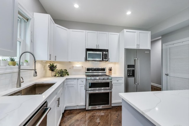 1952 W Fletcher St Unit 2W, Chicago, IL 60657 - kitchen featuring stainless steel appliances, light stone countertops, a sink, dark wood-style floors, and backsplash