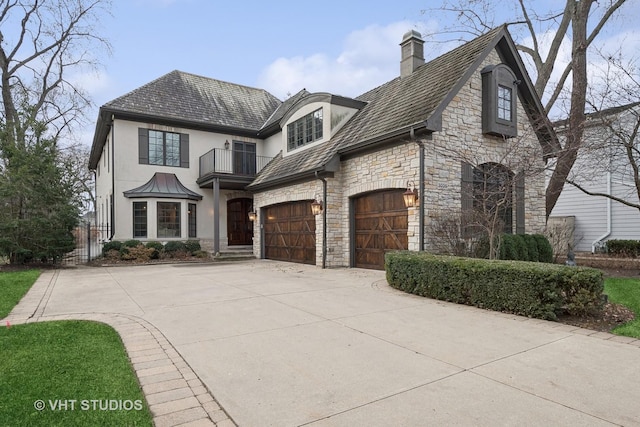 3035 Keystone Rd, Northbrook, IL 60062 - french provincial home with a balcony, stone siding, stucco siding, driveway, and a chimney