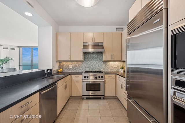 600 N Lake Shore Dr Unit 3411, Chicago, IL 60611 - kitchen with high quality appliances, under cabinet range hood, a sink, light brown cabinetry, and decorative backsplash