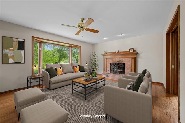560 Braemar Ave, Naperville, IL 60563 - living area with a brick fireplace, wood finished floors, and ceiling fan