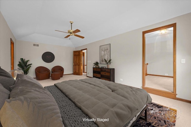560 Braemar Ave, Naperville, IL 60563 - bedroom featuring light carpet, vaulted ceiling, and a ceiling fan
