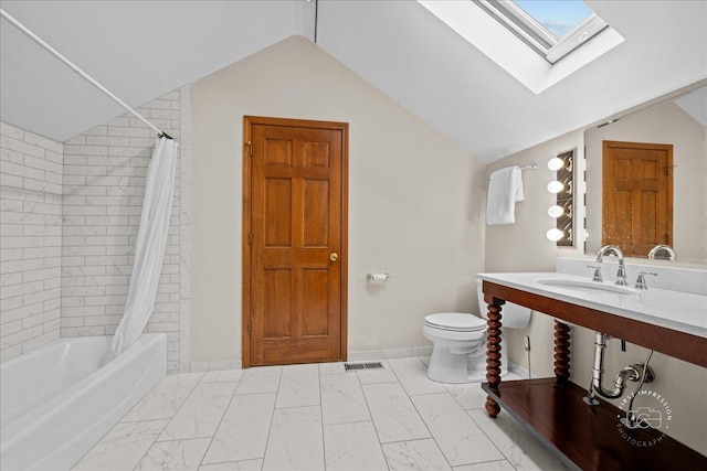 560 Braemar Ave, Naperville, IL 60563 - full bath with a skylight, vaulted ceiling, marble finish flooring, and shower / bath combo with shower curtain