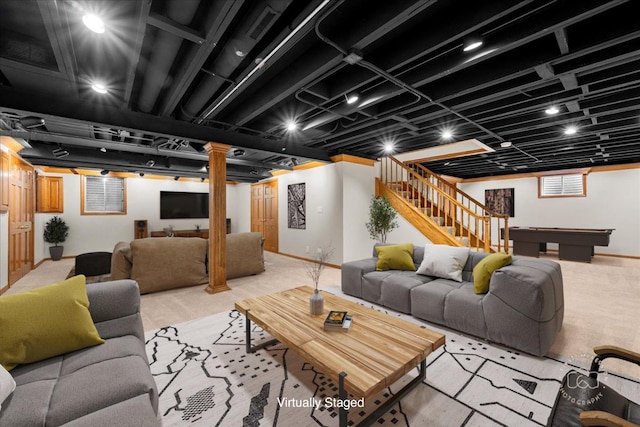 560 Braemar Ave, Naperville, IL 60563 - living room featuring carpet, billiards, and stairs