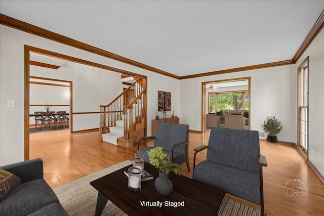 560 Braemar Ave, Naperville, IL 60563 - living room with stairway, light wood-style flooring, and ornamental molding