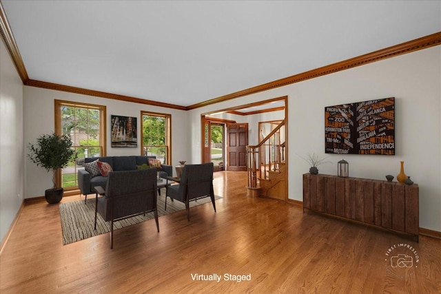 560 Braemar Ave, Naperville, IL 60563 - living area featuring crown molding, wood finished floors, and stairway