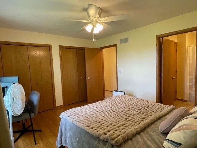 1181 Golf Ct, Dekalb, IL 60115 - bedroom with light wood-type flooring, two closets, and a ceiling fan