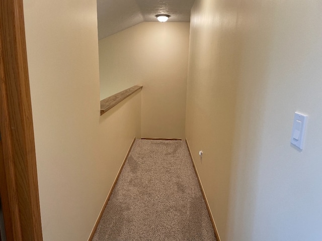 1181 Golf Ct, Dekalb, IL 60115 - hallway with an upstairs landing, carpet flooring, baseboards, and lofted ceiling