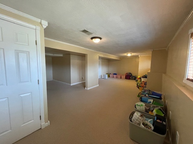 1181 Golf Ct, Dekalb, IL 60115 - basement featuring ornamental molding, carpet, baseboards, and a textured ceiling