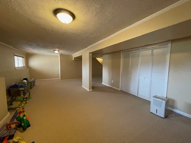 1181 Golf Ct, Dekalb, IL 60115 - below grade area featuring a textured ceiling, ornamental molding, carpet floors, and baseboards