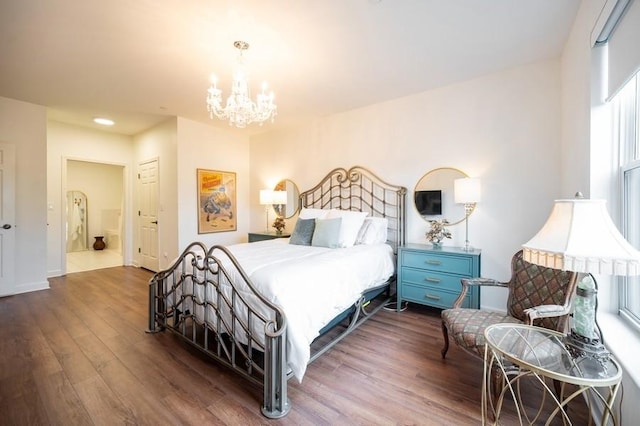 1950 Farnsworth Ln Unit 207, Northbrook, IL 60062 - bedroom with dark wood-type flooring, a chandelier, baseboards, ensuite bath, and recessed lighting