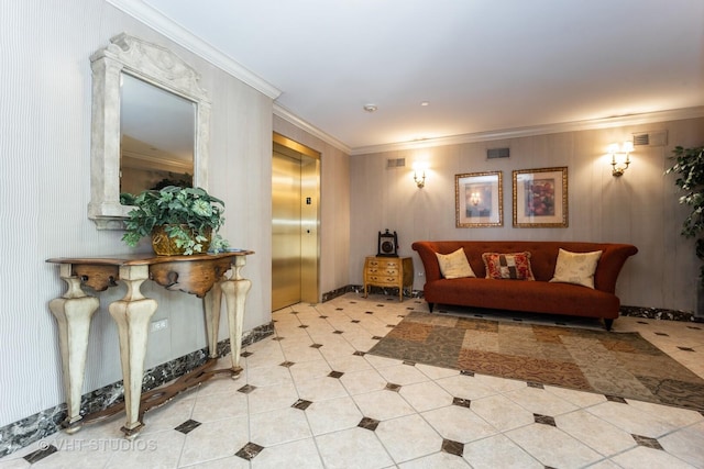 1950 Farnsworth Ln Unit 207, Northbrook, IL 60062 - living area featuring ornamental molding, elevator, and tile patterned floors