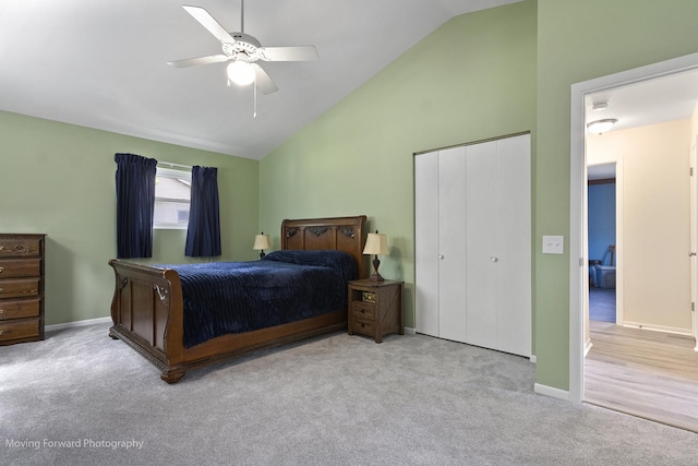 150 Meadows Ct, Sugar Grove, IL 60554 - carpeted bedroom with high vaulted ceiling, a closet, baseboards, and a ceiling fan