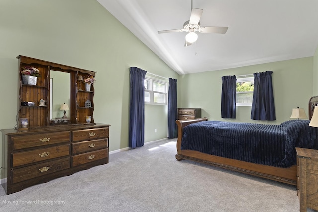150 Meadows Ct, Sugar Grove, IL 60554 - bedroom with light colored carpet, baseboards, high vaulted ceiling, and ceiling fan