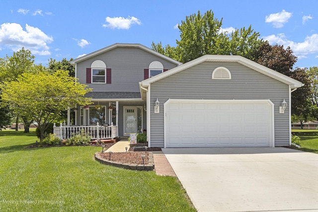 150 Meadows Ct, Sugar Grove, IL 60554 - traditional home featuring a porch, a front yard, an attached garage, and concrete driveway