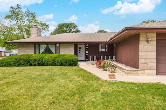 401 N 4th Ave, Chenoa, IL 61726 - ranch-style house featuring a front yard, a chimney, a garage, roof with shingles, and covered porch